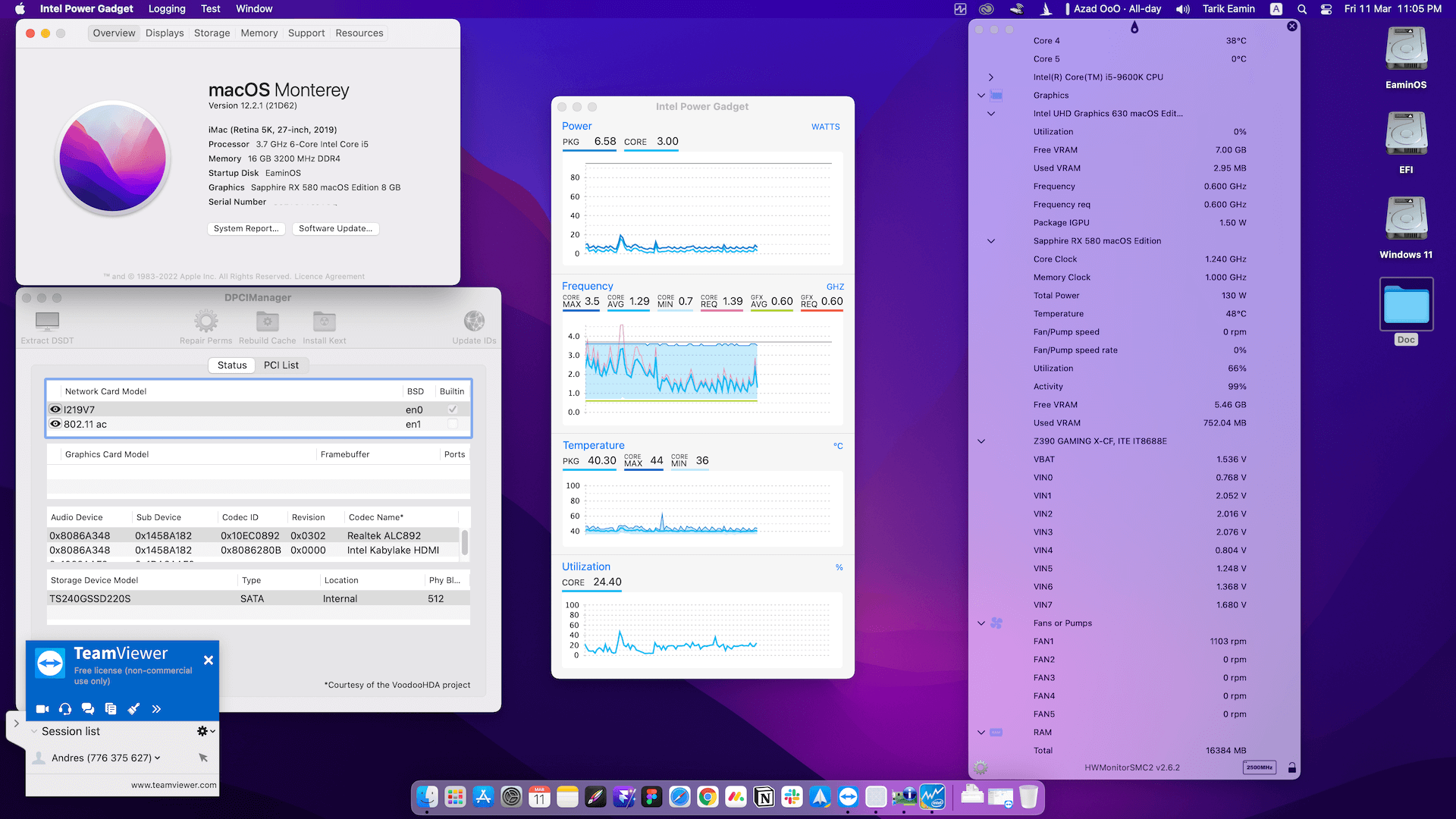 Success Hackintosh macOS Monterey 12.2.1 Build 21D62 in Gigabyte Z390 Gaming X + Intel Core i5 9600K + Sapphire RX 580